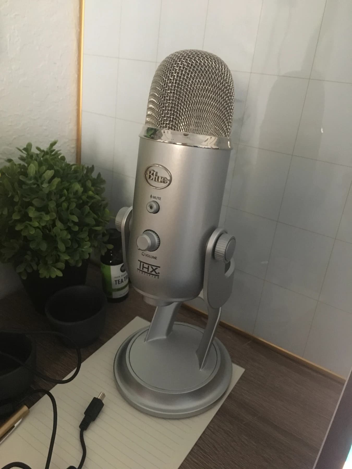 A silver microphone standing in the corner of a room.