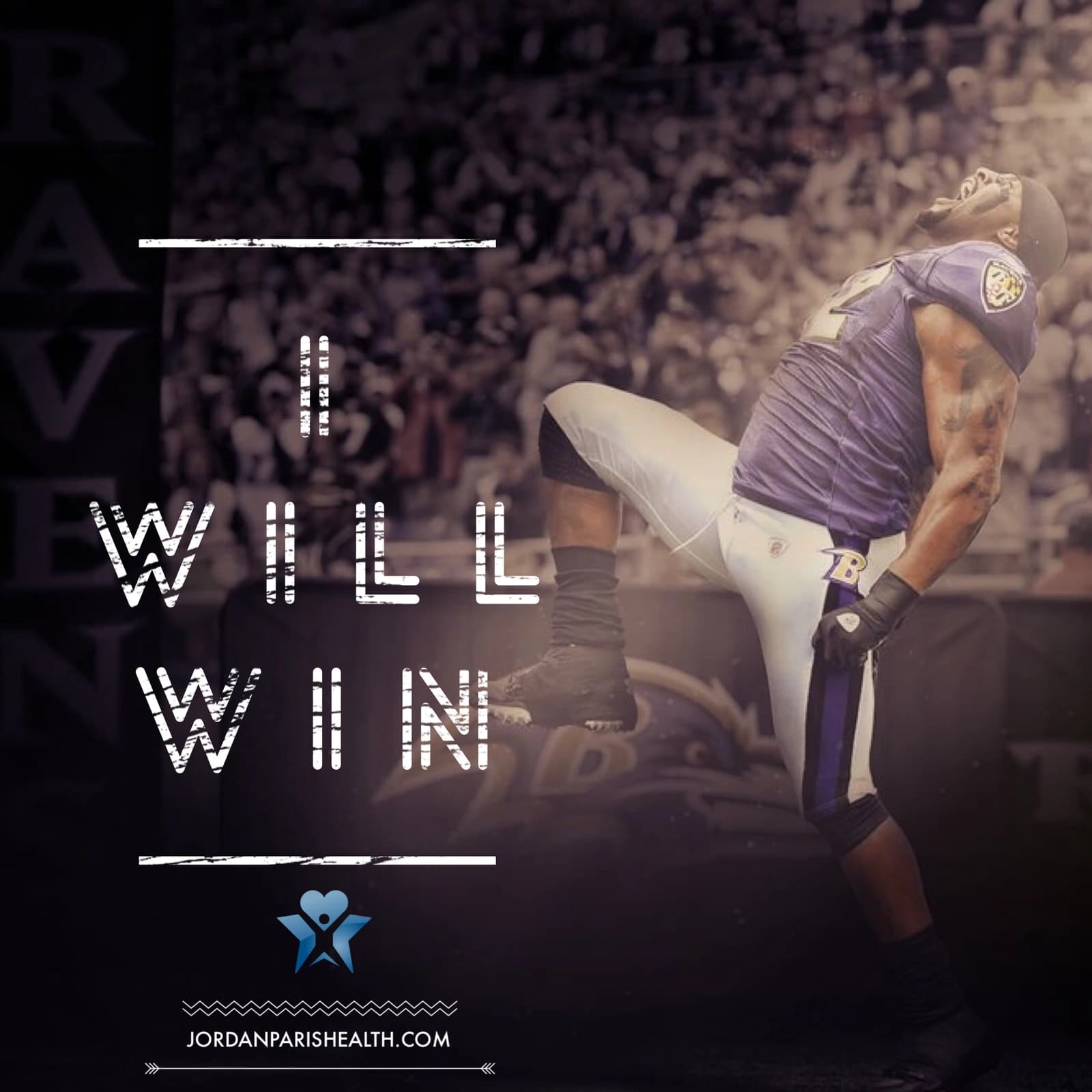 JP Health artwork with a football player and the words I WILL WIN.