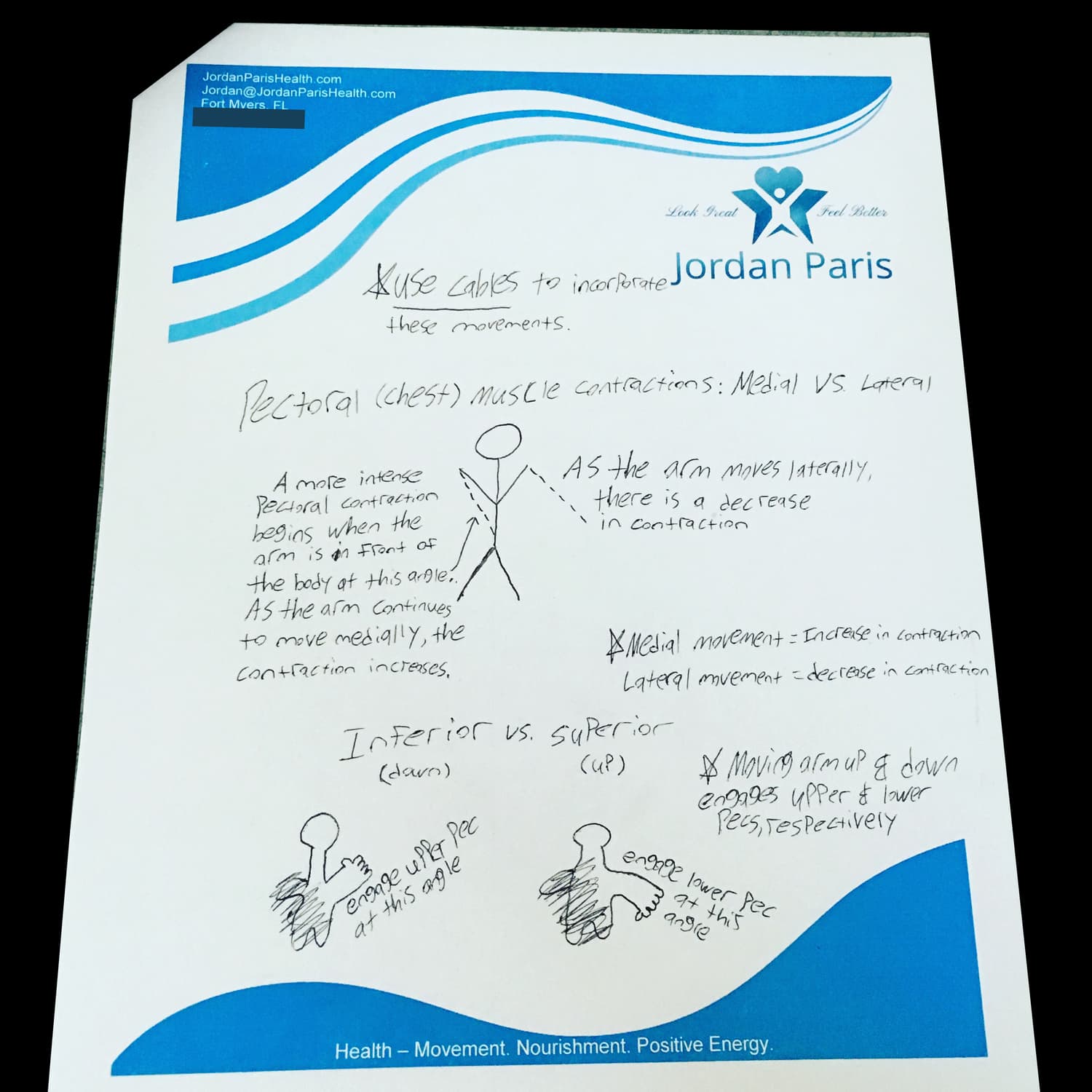 Jordan's handwritten exercise notes on JP Health stationery, with the phone number covered.