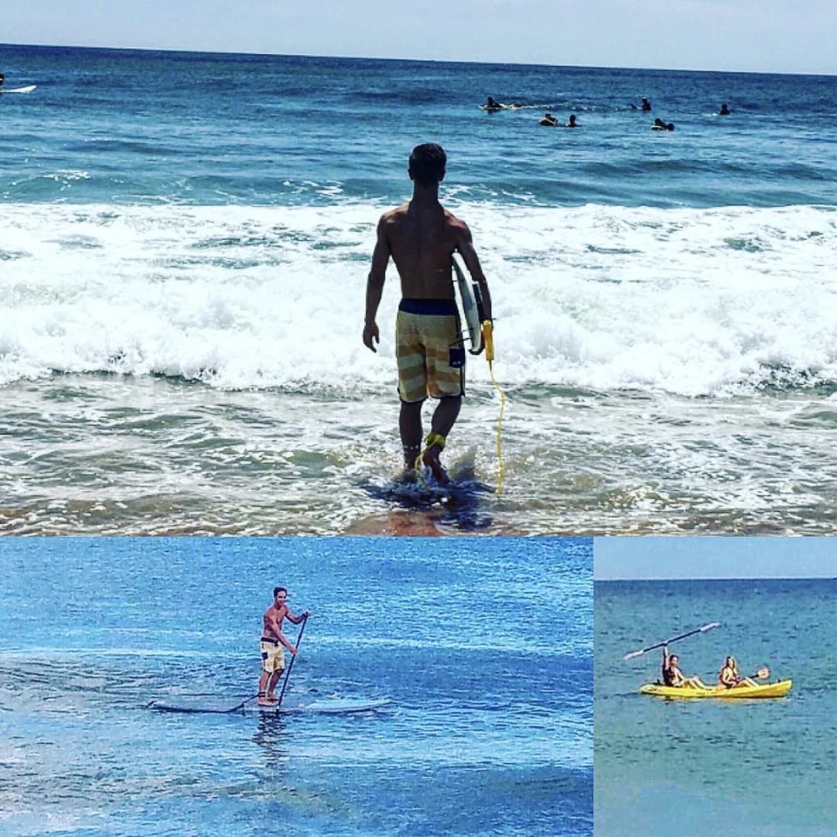 Jordan walking into the surf with a board, above photographs of paddleboarding and kayaking.