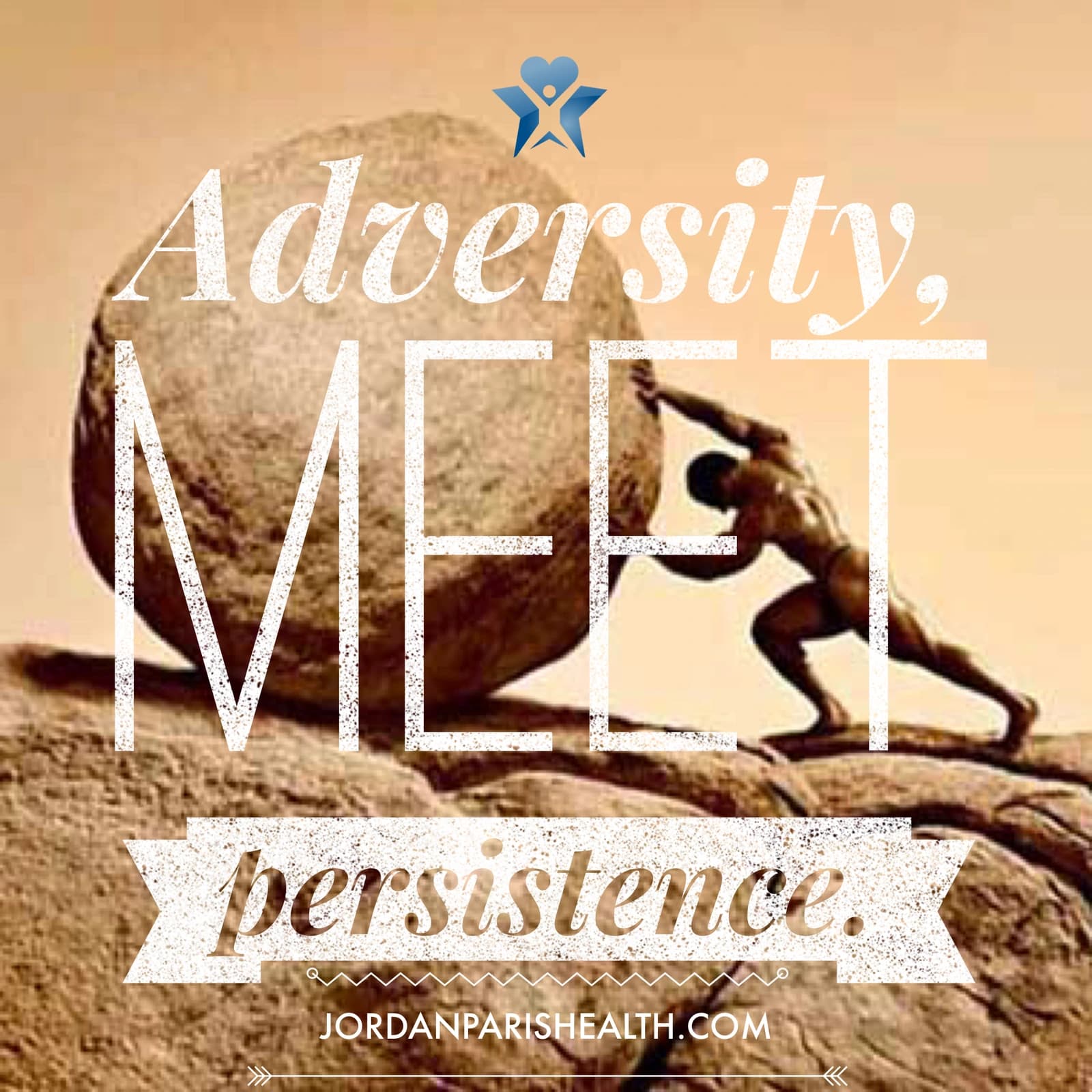 JP Health artwork reading 'Adversity, meet persistence', over a figure pushing a boulder.