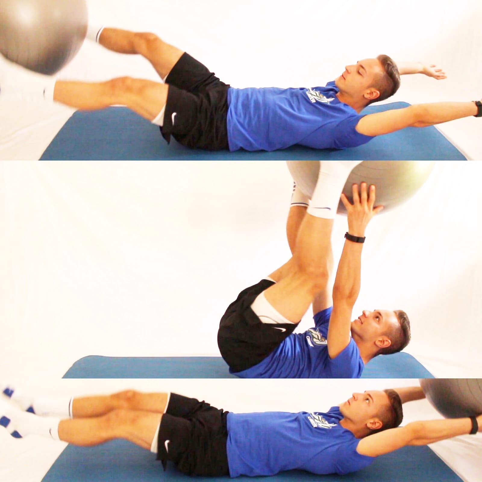 Three photographs of Jordan demonstrating an exercise with a stability ball on a blue mat.