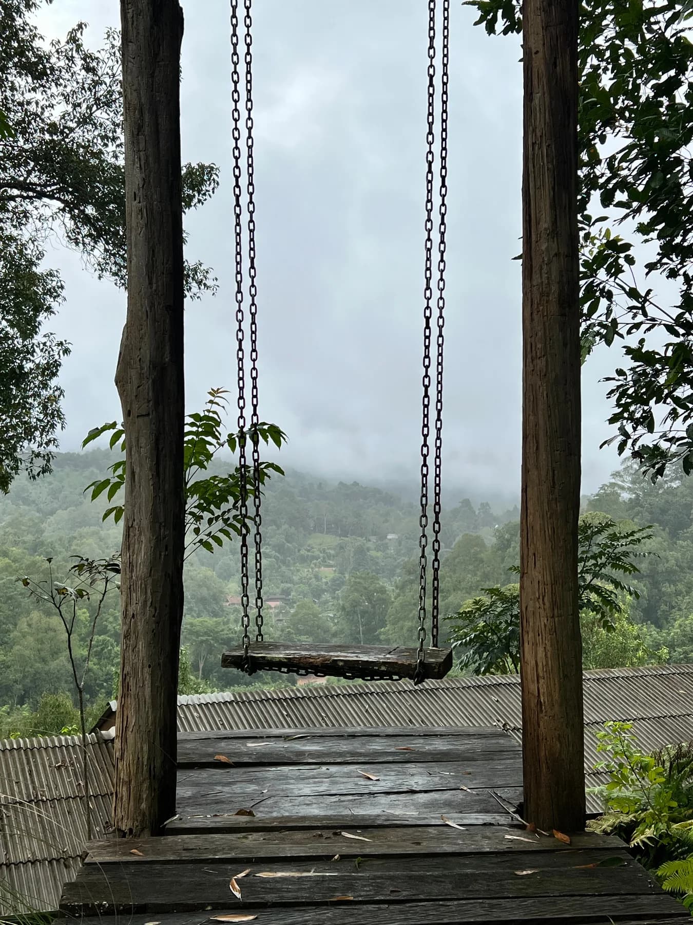 An empty wooden swing between two trees, opening onto misty mountains.