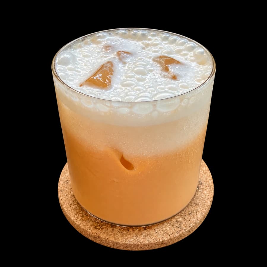 A glass of Thai tea on its cork coaster.