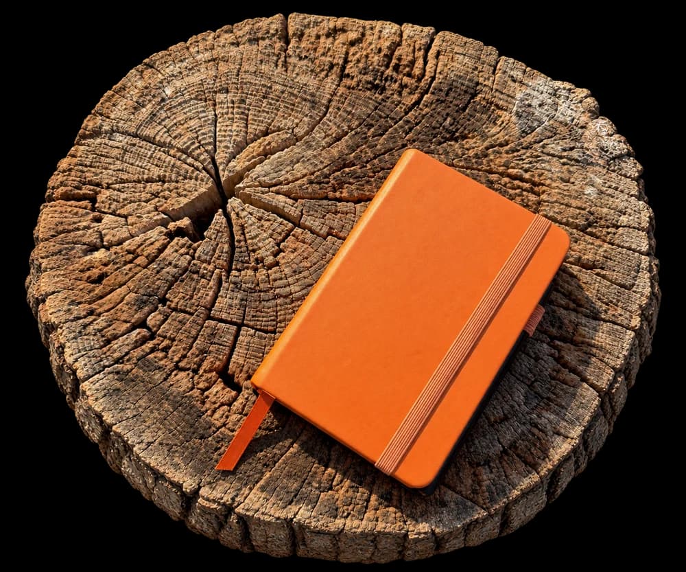 The orange journal resting on the tree rings.