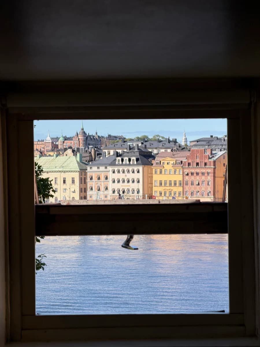 A view through the window toward the Stockholm waterfront.