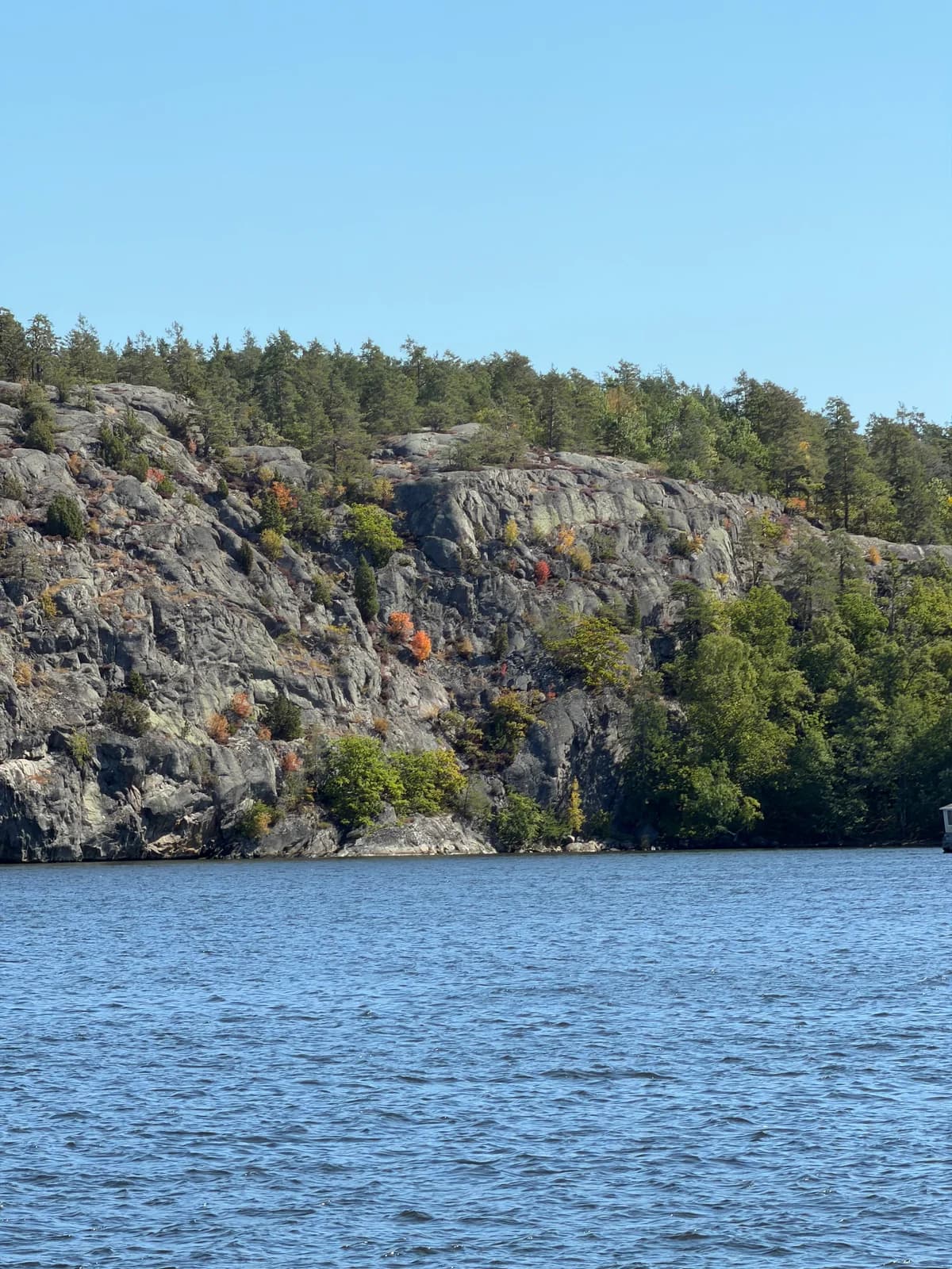 Blue archipelago water and a wooded rocky island.