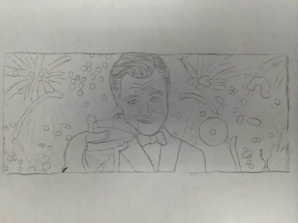 Jordan's pencil stencil drawing of Gatsby raising a glass, surrounded by fireworks.