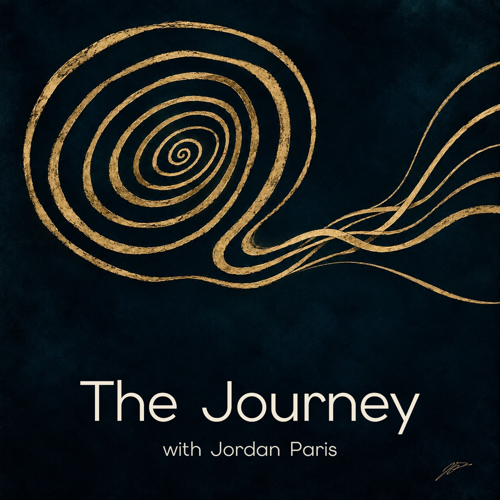 The Journey with Jordan Paris. A golden spiral unspools into a rising weave on midnight blue, signed JP.